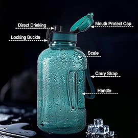 GEMFUL 64oz Motivational Water Bottle with Handle 2L Large Sports Jug for Gym Fitness Time Marker No Straw Leak Proof BPA Free (Cyan)