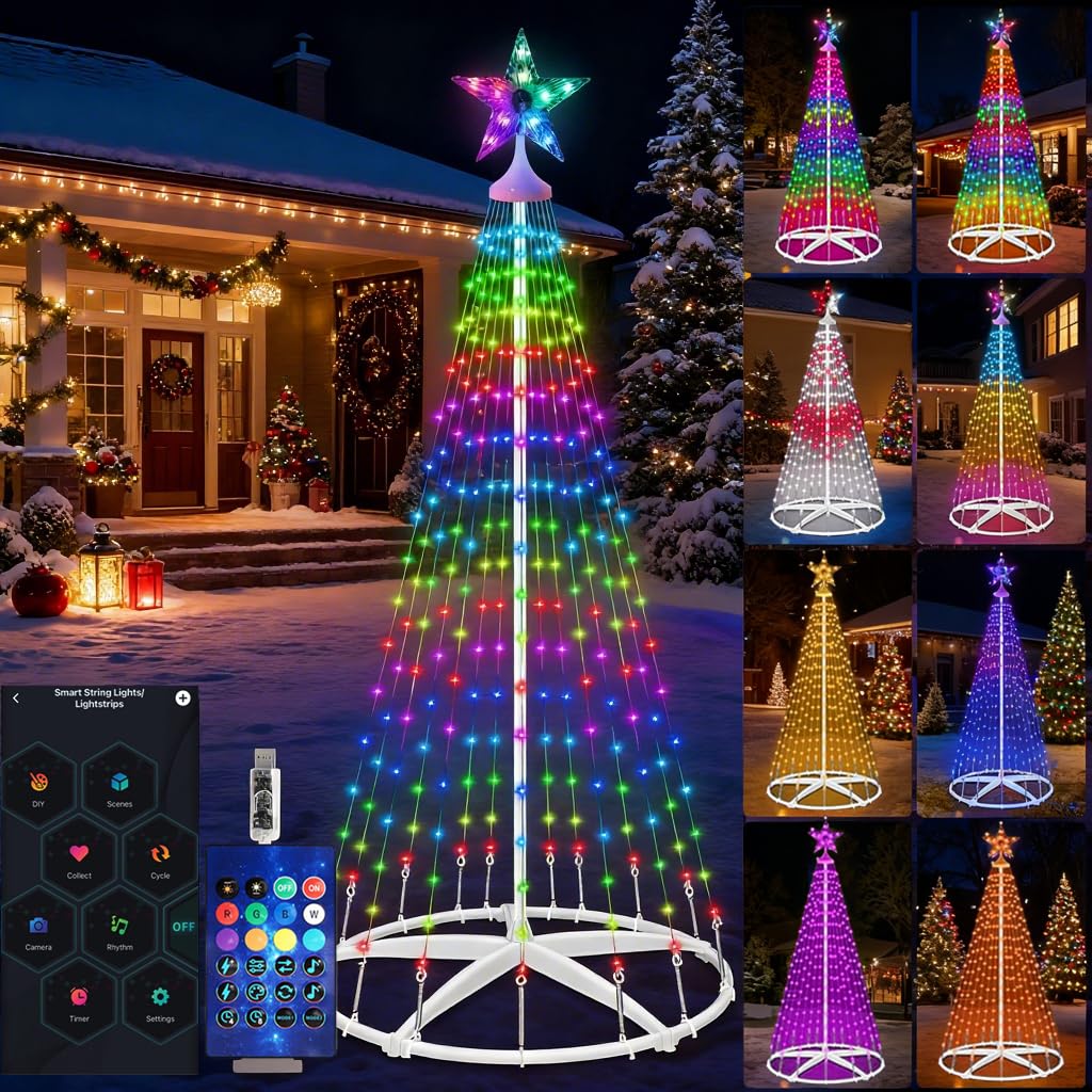 Hoofun Catena luminosa intelligente a LED per albero di Natale: 150 cm, illuminazione natalizia con stelle, app e telecomando, spina USB, RGB dimmerabile, modalità fai da te, timer, decorazione