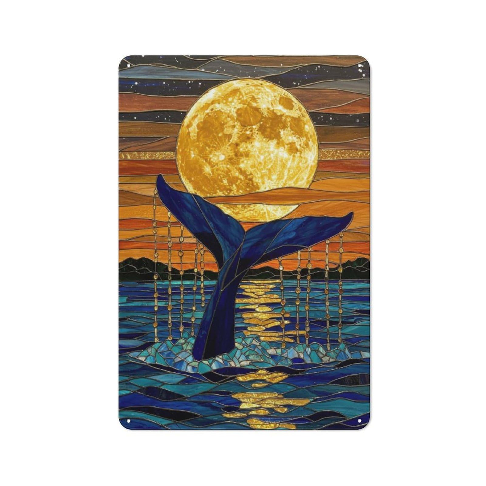 Tin Sign with Blue Whale Tail Stained Glass Design 30x20cm, Industrial Garage Wall Decor for Workshop, Basement, Shed Or Games Room