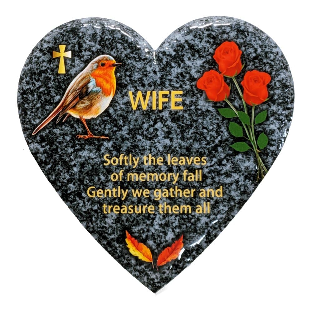 In Memoriam Heart Shaped Tile Grave Plaque (20 x 20 cm Granite finish) (Wife, Heart 20 cm (Granite))