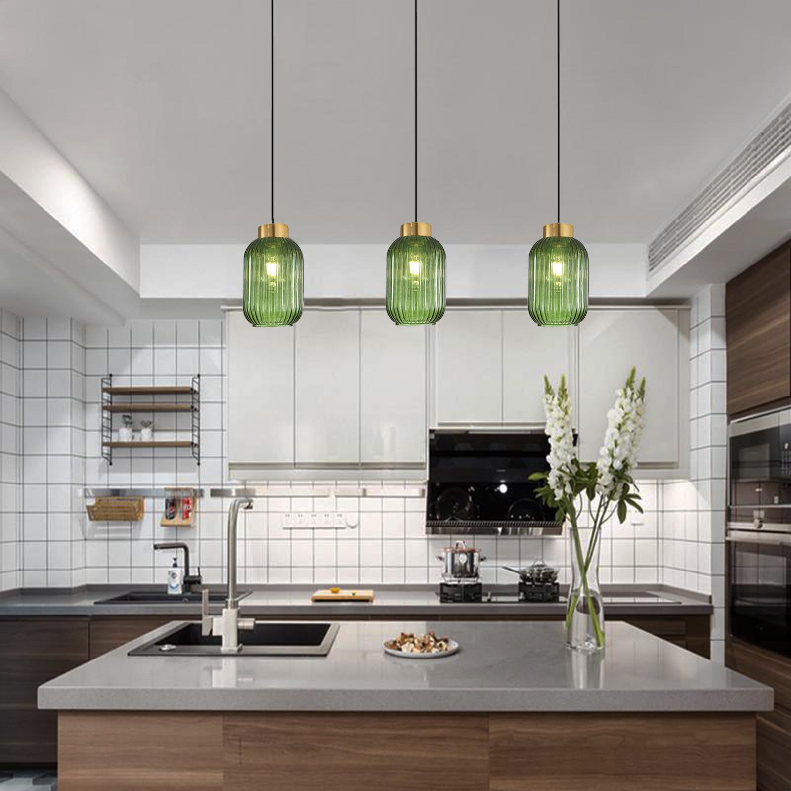 Lámpara Colgante Moderna de Vidrio Estriado con Acabado Dorado y Cable Negro, Lámparas Colgantes Elegantes para Comedor, Dormitorio o Cocina, Iluminación de Techo Estilosa (Verde, 14cm)
