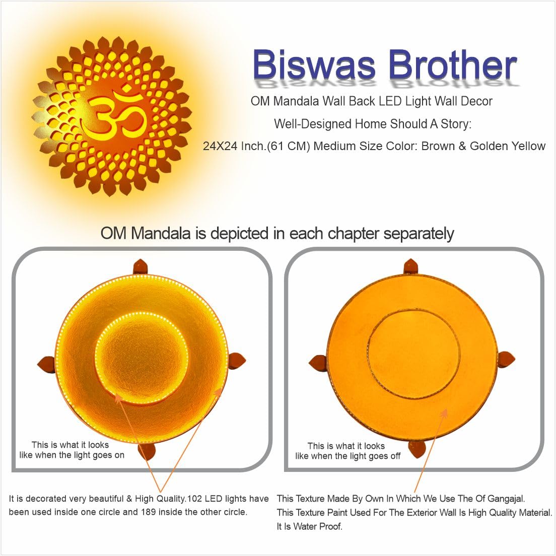 Biswas Brother OM Mandala Wall Back lid LED Light Wall Decor A Well-Designed Home Should Tell a Story,Size(24 inch X 24 Inch ) Large Size(Brown) 4