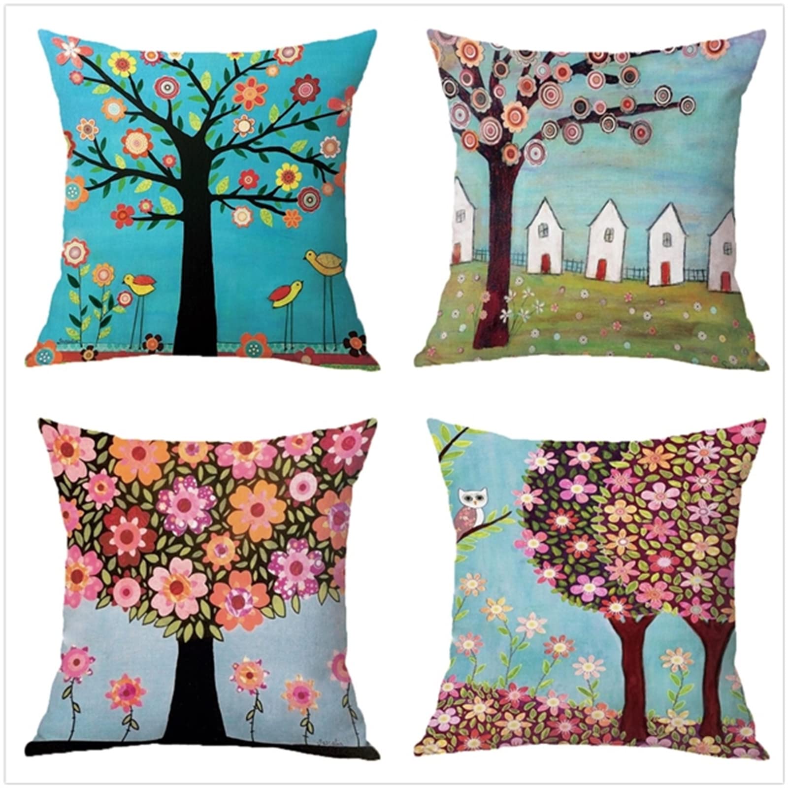 Set di 4 Federe Cuscini Divano Poliestere Biancheria Peluche Corto Gettare Impermeabili Decorativo Caso Federa per Cuscino Divano Auto Esterno Giardino Home Decor （55x55cm/Albero Dipinto）