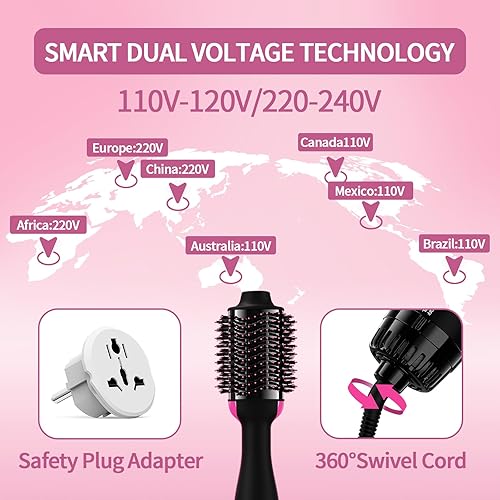 Miniatura 2 de Cepillo secador de pelo de doble voltaje con estilizador antiencrespamiento de iones negativos - Volumizador de aire caliente para uso europeo y de