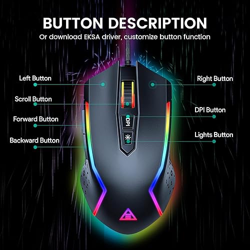 Miniatura 3 de EKSA Mouse para juegos mouse ergonómico con cable con 7 botones programables retroiluminación Chroma RGB 6 y ajustable 8000 DPI para jugadores de PC