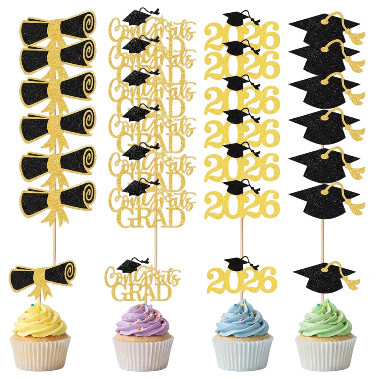 Graduation Cake Topper Set, Graduation Cake Toppers with 24 Pcs Cupcake Toppers, Class of 2026 Cake Topper, Ideal Party Supplies for Graduation Celebrations