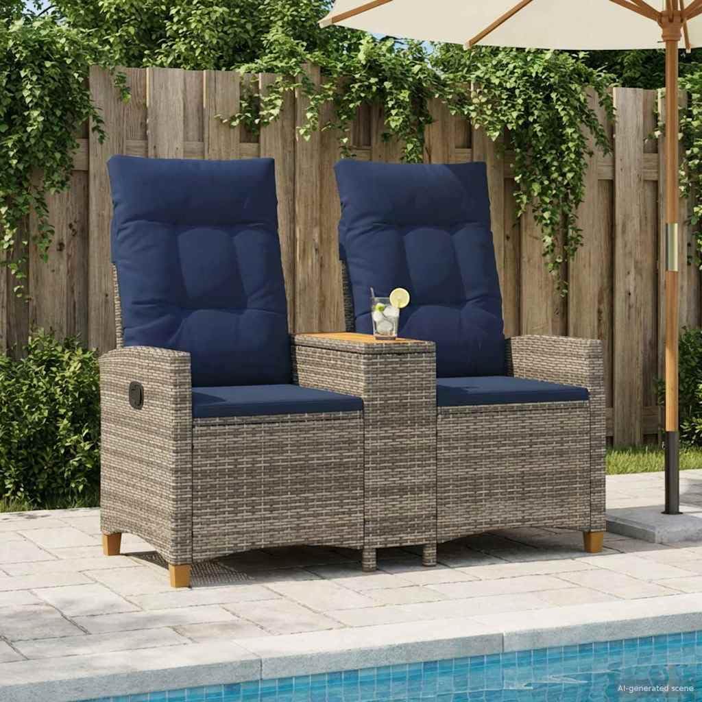 Gartenbank mit integriertem Tisch, Rattan-Optik Sitzbank mit Verstellbarer Rückenlehne, Poly-Rattan Liegebank für Terrasse und Garten, Grau und Marineblau, 126 x 65 x 112 cm