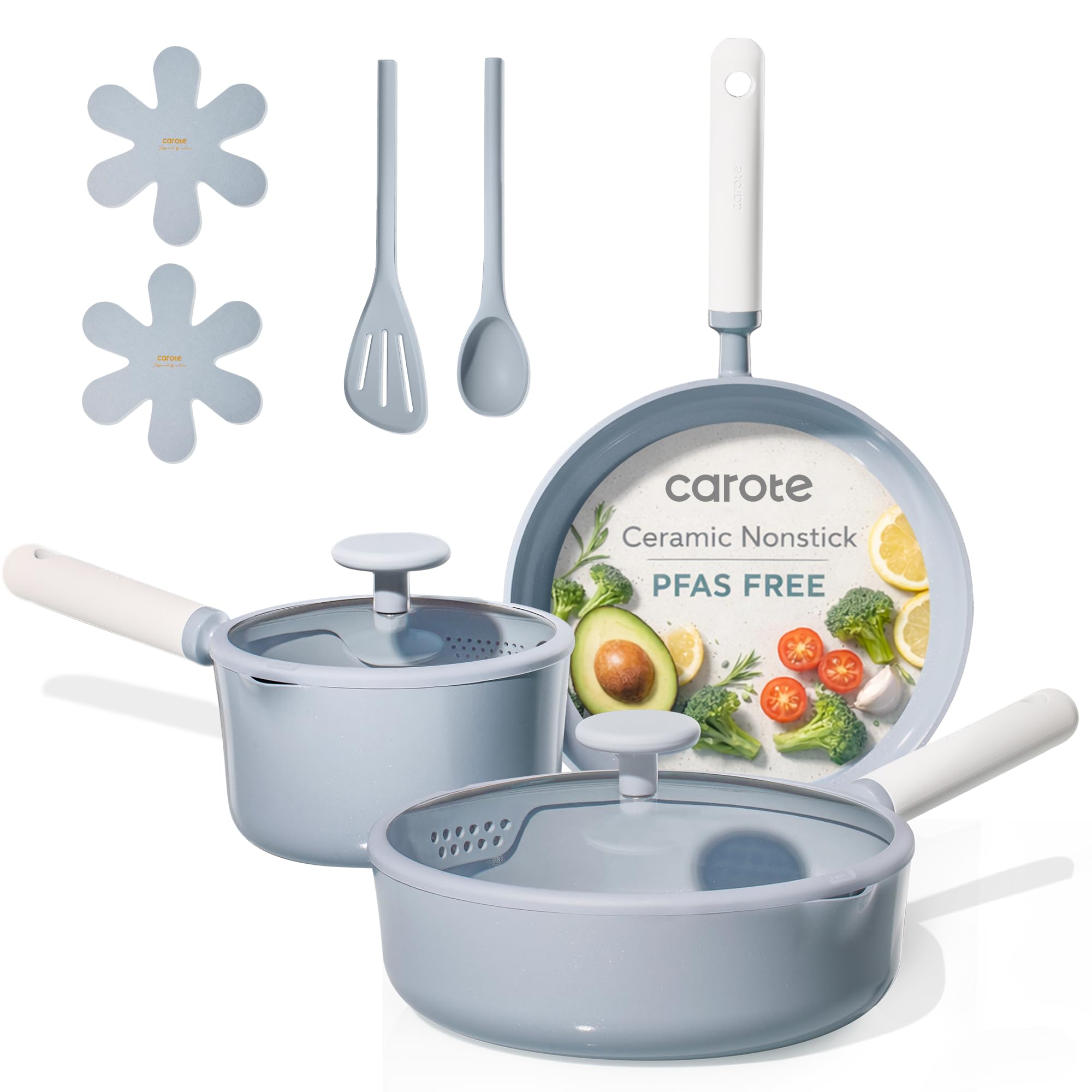 CAROTE Ceramic Cookware Set Nonstick, 9pcs Pots and Pans Set Non stick, Non-Toxic &amp; PFAS-Free,Dishwasher, RV/Camping Cookware Set,Sauce Pan with Lid, Blue