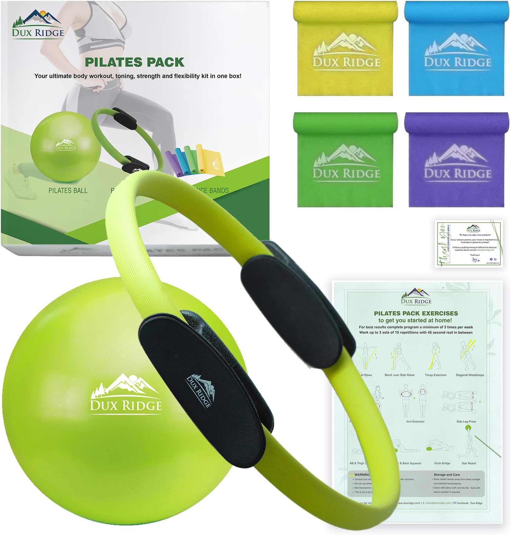 Pilates Ring 12" Magic Circle, 9" Pilates Mini Ball, Set of 4 Resistance Bands. Total Body Workout in one Box! Pilates Yoga Barre Physical Therapy. Strength Training Without Weights.