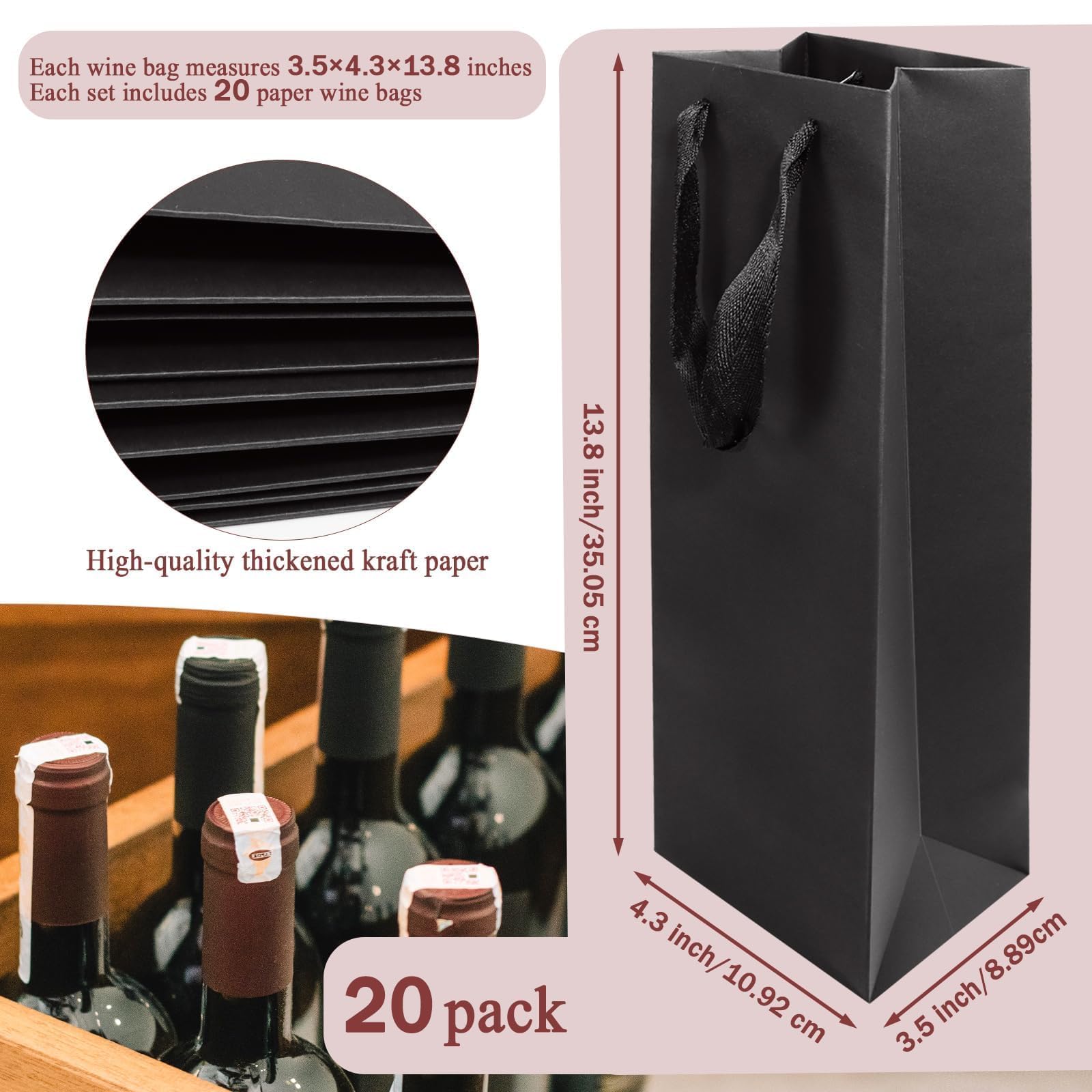 CZWESTC Lot de 20 sacs à vin en papier kraft avec poignées – Sacs noirs pour bouteille de vin pour cadeau, fête, vente au détail – 9,9 cm