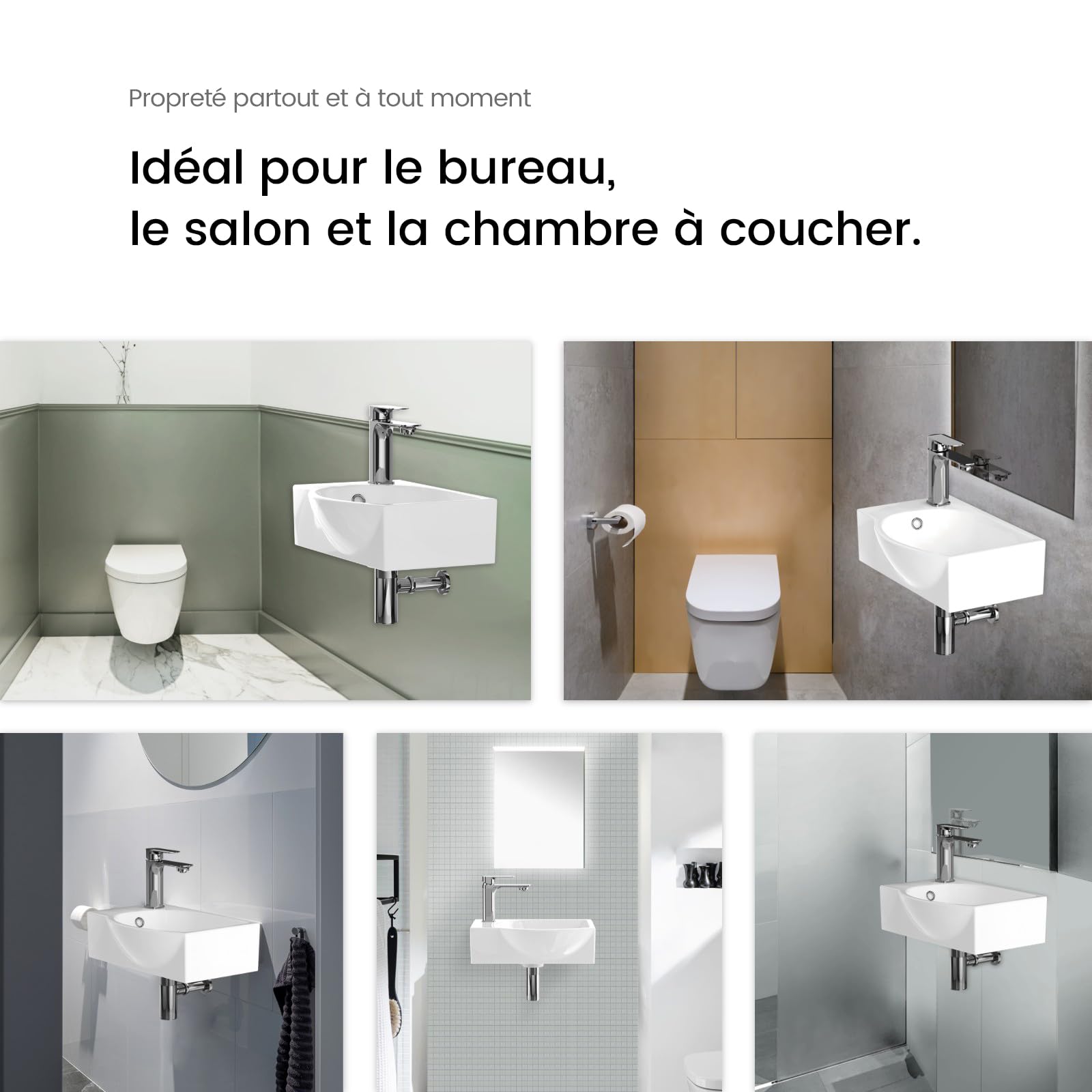 EMKE Lavabo colgante 405 x 280 x 140 mm - Lavabo compacto y elegante para baños pequeños y WC para invitados - Grifo izquierdo, instalación en pared, color blanco brillante