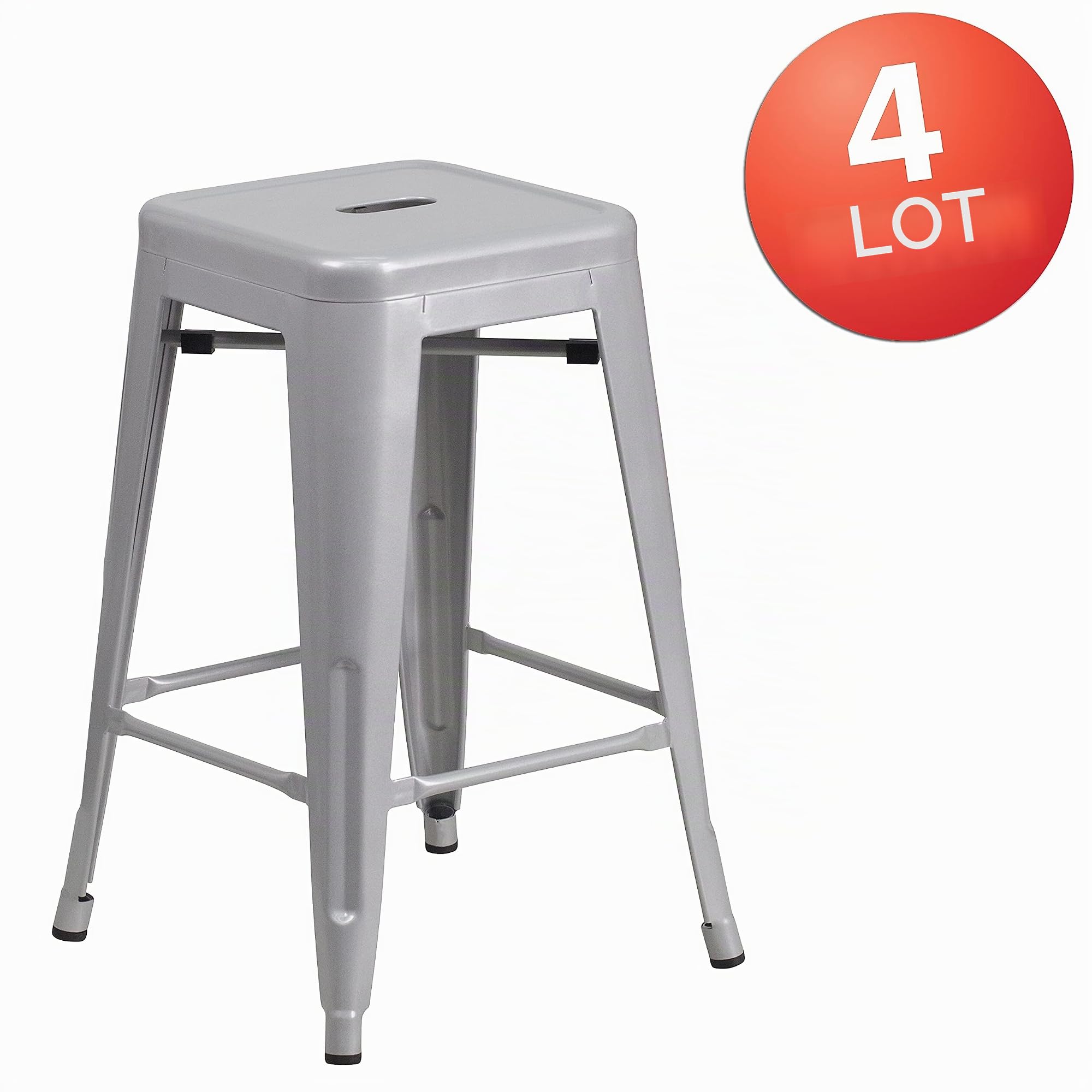 Flash Furniture 4 PK. 24 '' Haute Backless Argent Métal intérieur-extérieur de Hauteur comptoir Tabouret avec siège Carré