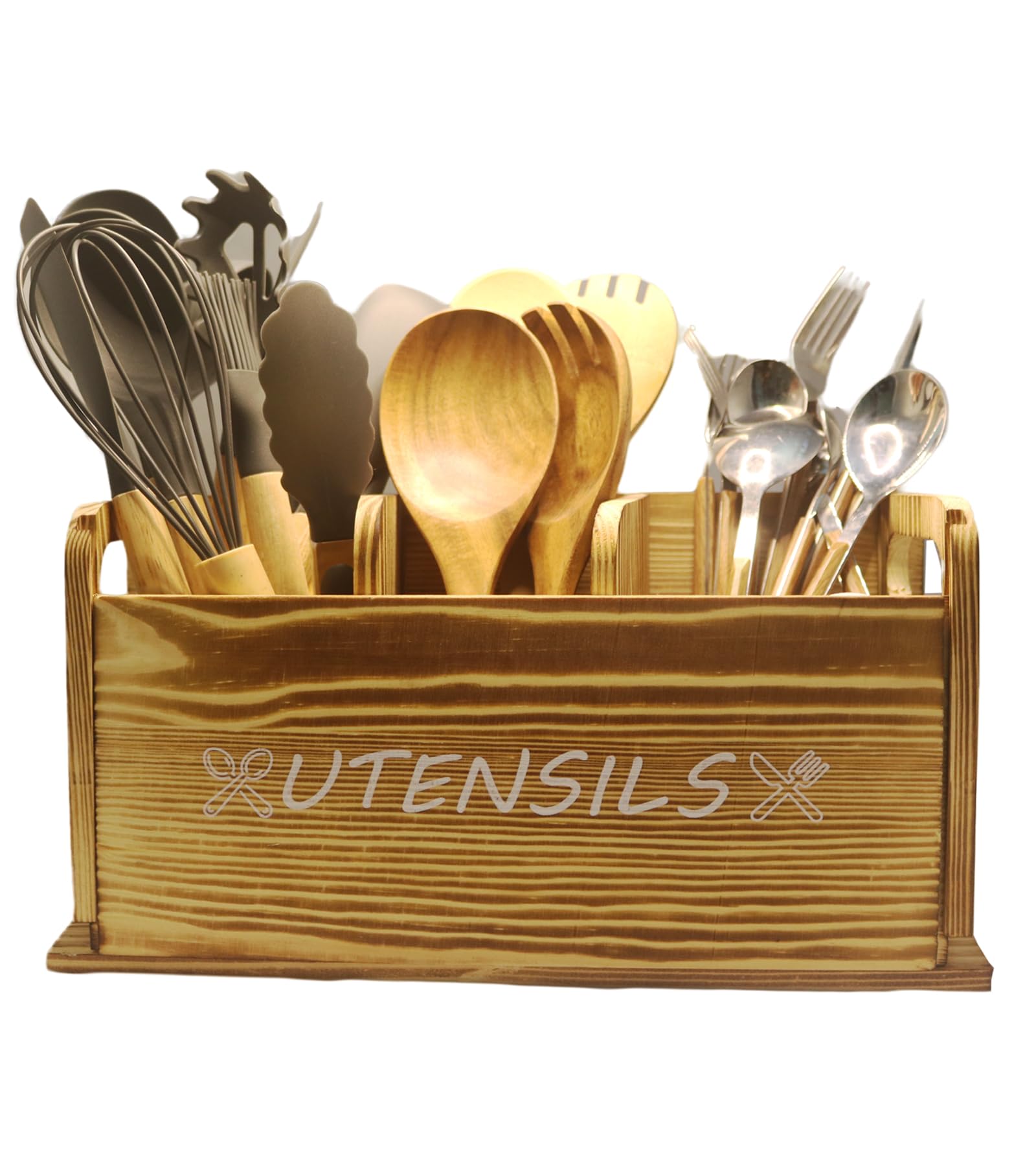 ST-BEST-P Utensil Holder Rustic Wood White Large Farmhouse Spatula Organizer for Kitchen counter Farmhouse,Countertop,Cooking Tools Storage (Wood)