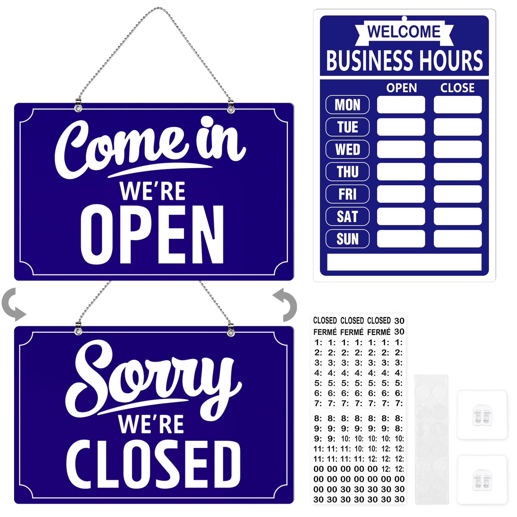 Open Closed Flip Sign Set, Business Hours Sign for Window Door, Black Double Sided Open Closed Sign, Reusable Store Hour Sign for Restaurant Bar Cafe Salon Retail Shop Indoor Use BLue