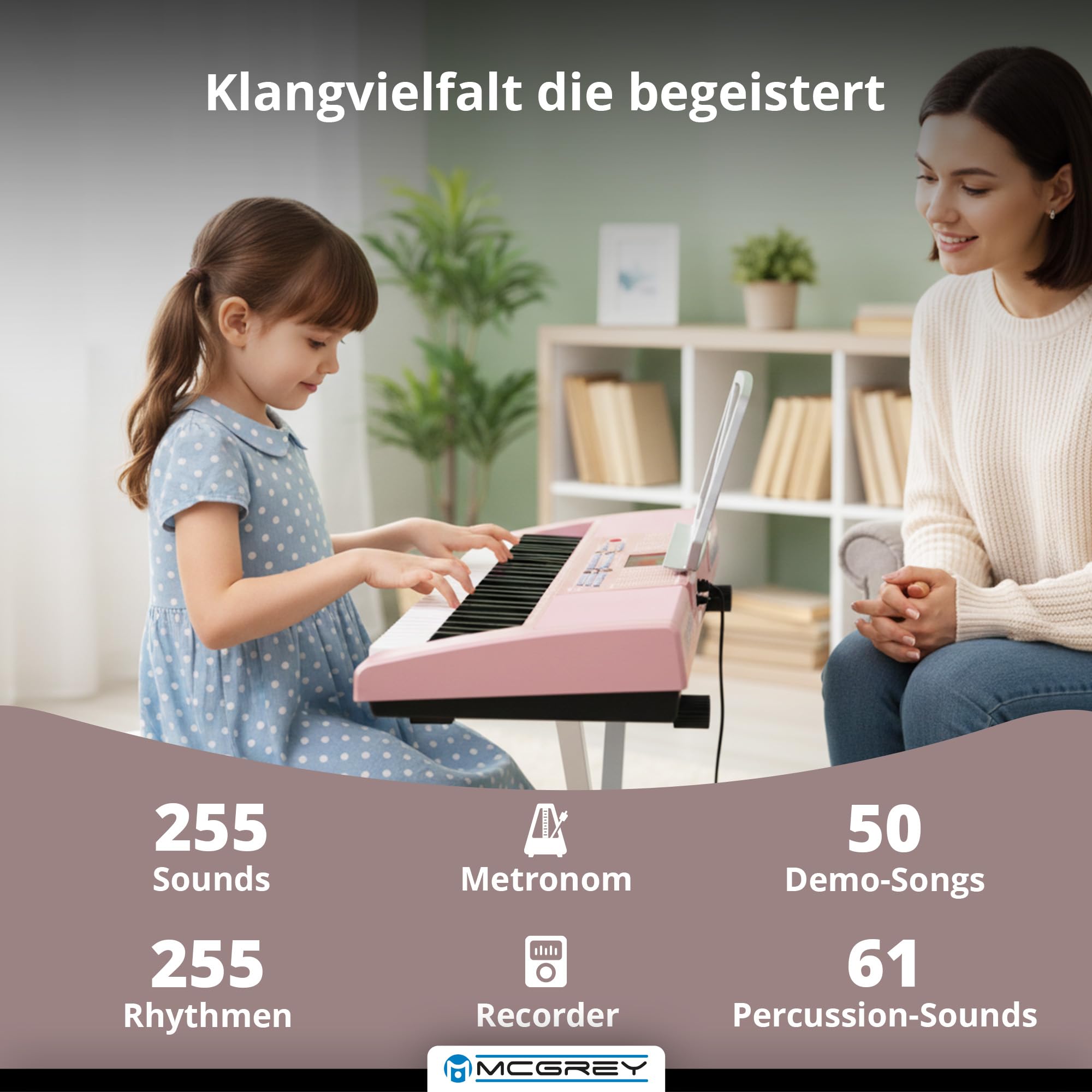McGrey LK-6120-MIC Keyboard Set - Einsteiger-Keyboard mit 61 Leuchttasten - 255 Sounds und 255 Rhythmen - 50 Demo Songs - Inklusive Mikrofon - Spar-Set inkl. X-Keyboardständer und Kopfhörer - Pink