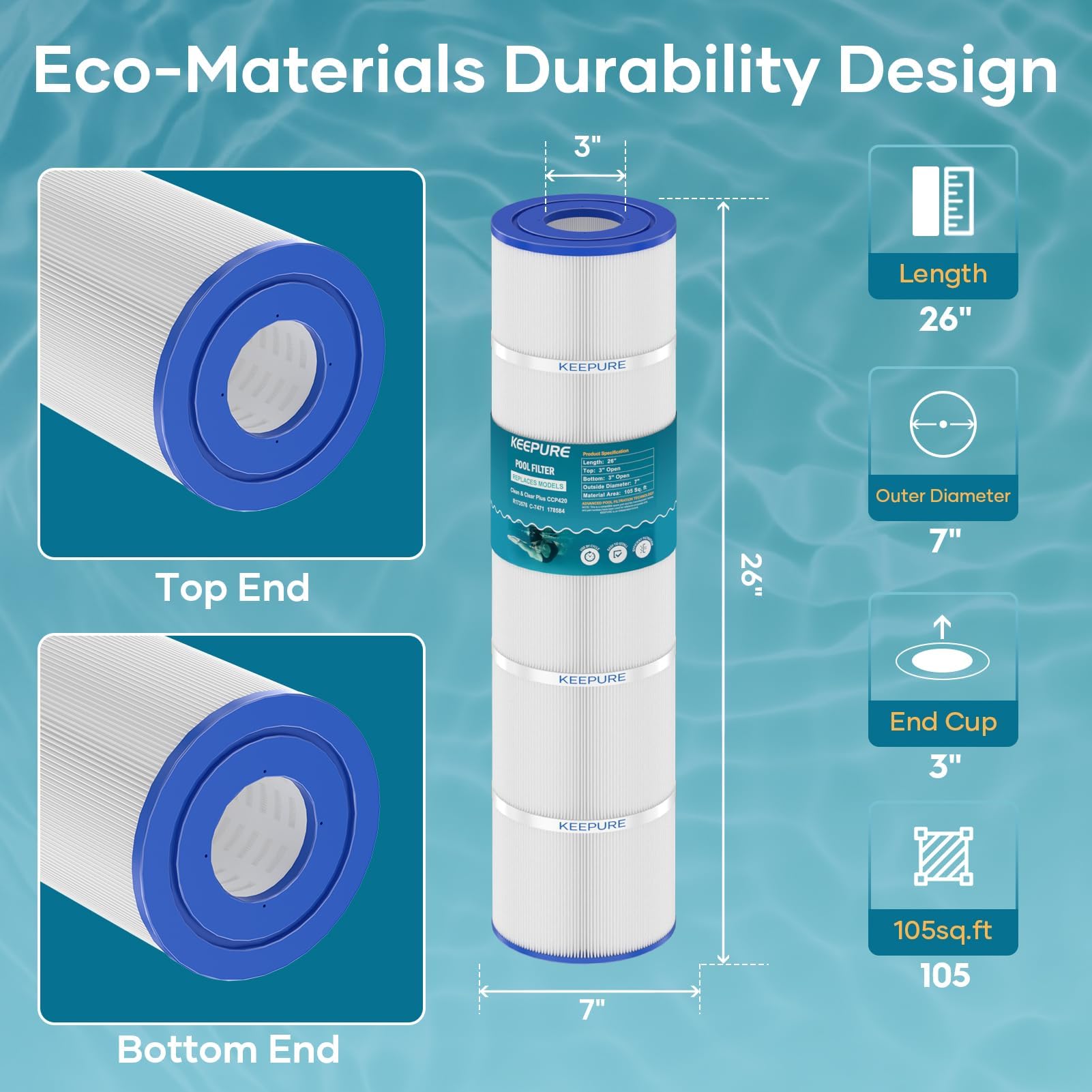 CCP420 - Cartuchos de filtro de piscina compatibles con PCC105, C-7471, 178584, Clean and Clear Plus 420, PCC105-PAK4, 178584, FC-1977, Clean and Clear Plus 420, Ultral-A6, R173576, 4 x 105