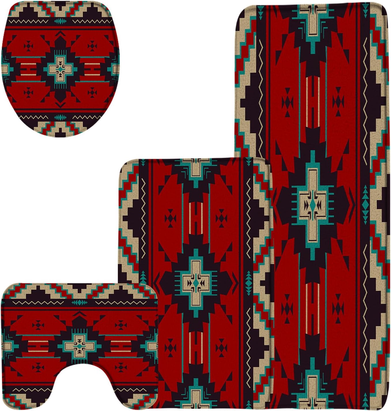 4 Pieces Bathroom Rug Sets,Red Black Aztec Geometric Boho Vintage 18"x30"and 18"x48"Bath Mats,Toilet Cover,U-Shaped Toilet Mat