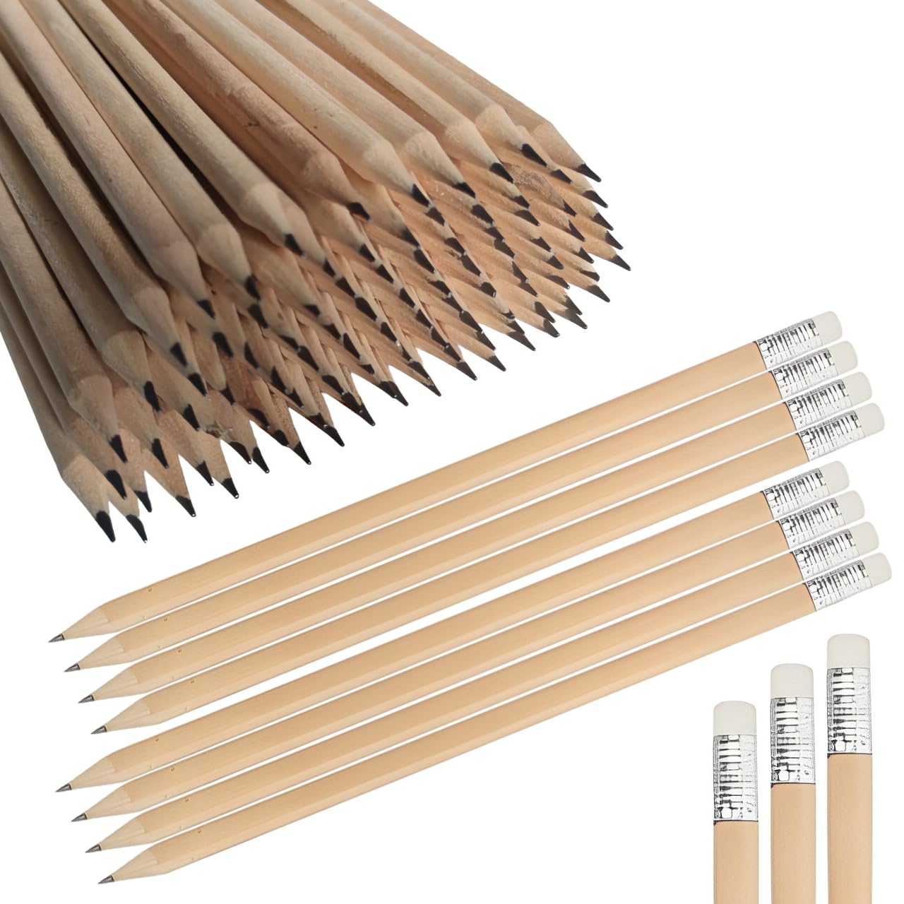 Pack de 100 Lápices de Madera Redondos con Goma de Borrar 2HB para Dibujo, Oficina, Colegio, Lápiz afilado con punta estándar