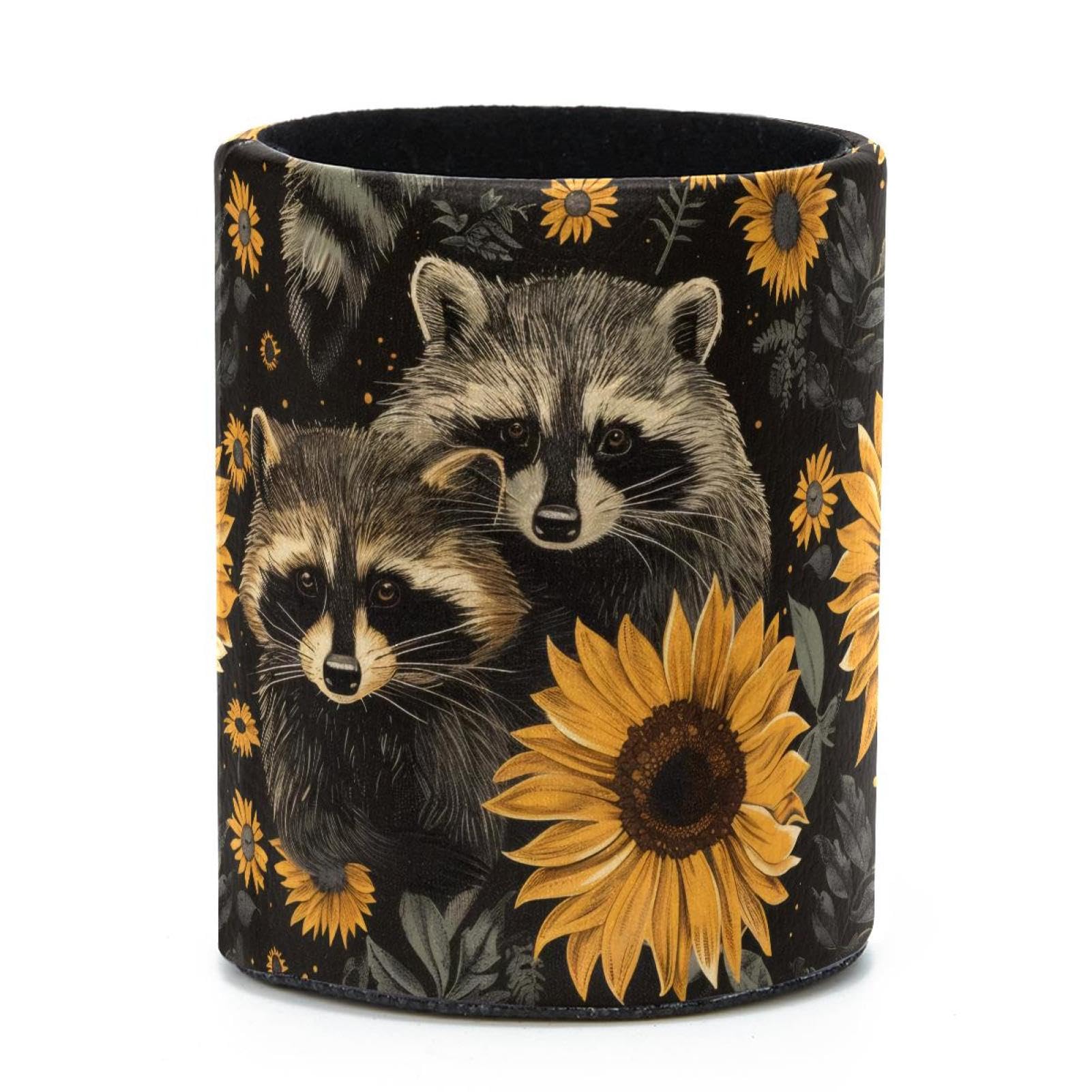 VAPOKF Round Pencil Holders for Desk, Raccoon Sunflowers Pen Holders Pen Pot Makeup Brushes Storage Desktop Stationery Supplies Organiser for Home Office