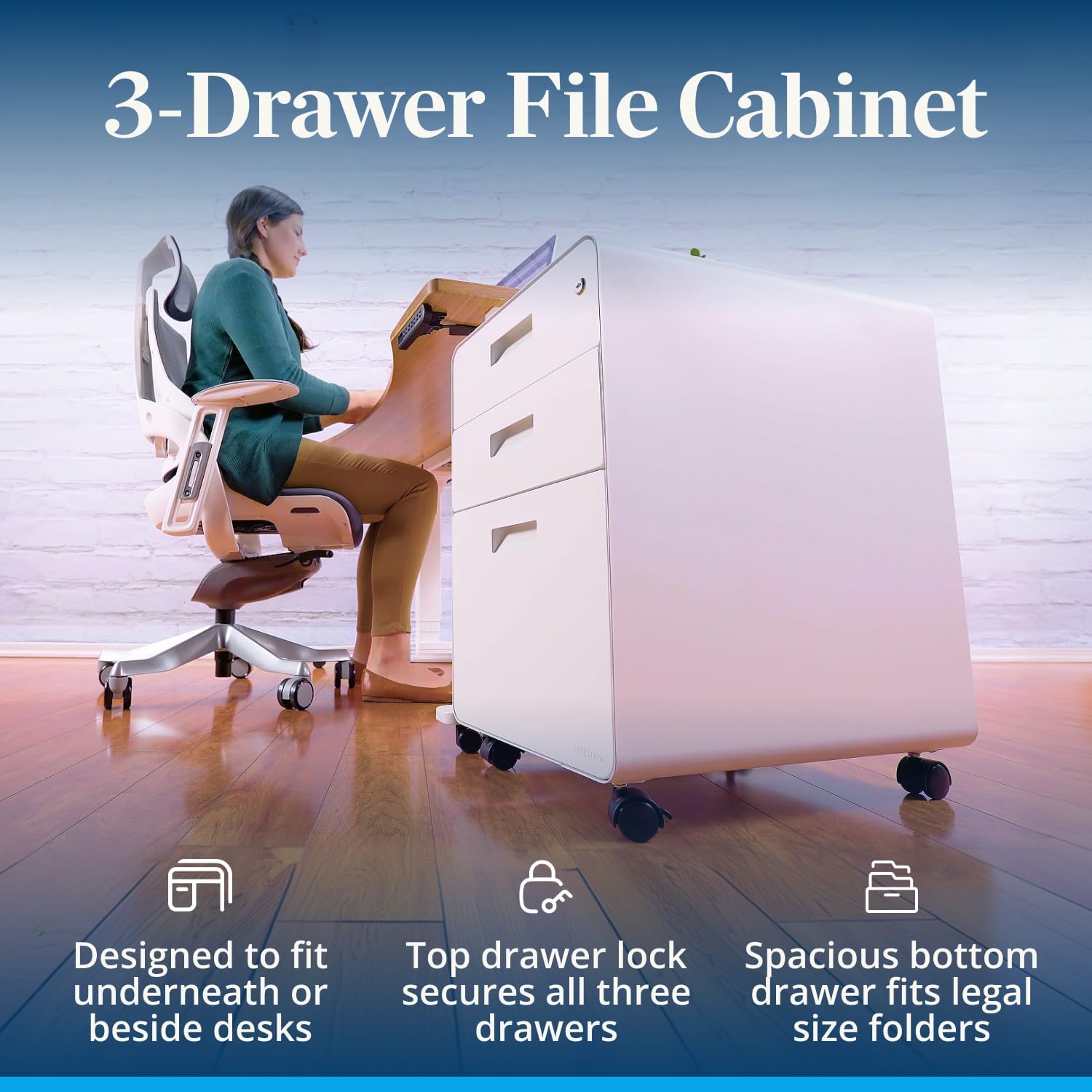UPLIFT DESK 3-Drawer Mobile File Cabinet - Steel Rolling Filing Cabinet with Lock, Soft-Close Top Drawer, Letter & Legal Size File Storage, Easy Assembly for Home Office (White)