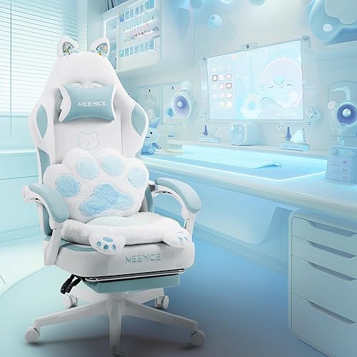 MEENICE Chat Chaise Gaming Ergonomique Fauteuil Gaming avec Repose-Pieds, Coussin Lombaire et Oreilles de Chat, pour Femmes, Adultes, Adolescents, Bleu et Blanc - Bleu/Blanc
