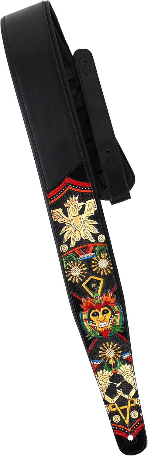 Walker And Williams KB-50-BLK Handmade Black 3" Guitar Strap With Red And Gold Carved Mayan Design on Premium Black Leather For Acoustic, Electric, And Bass Guitars