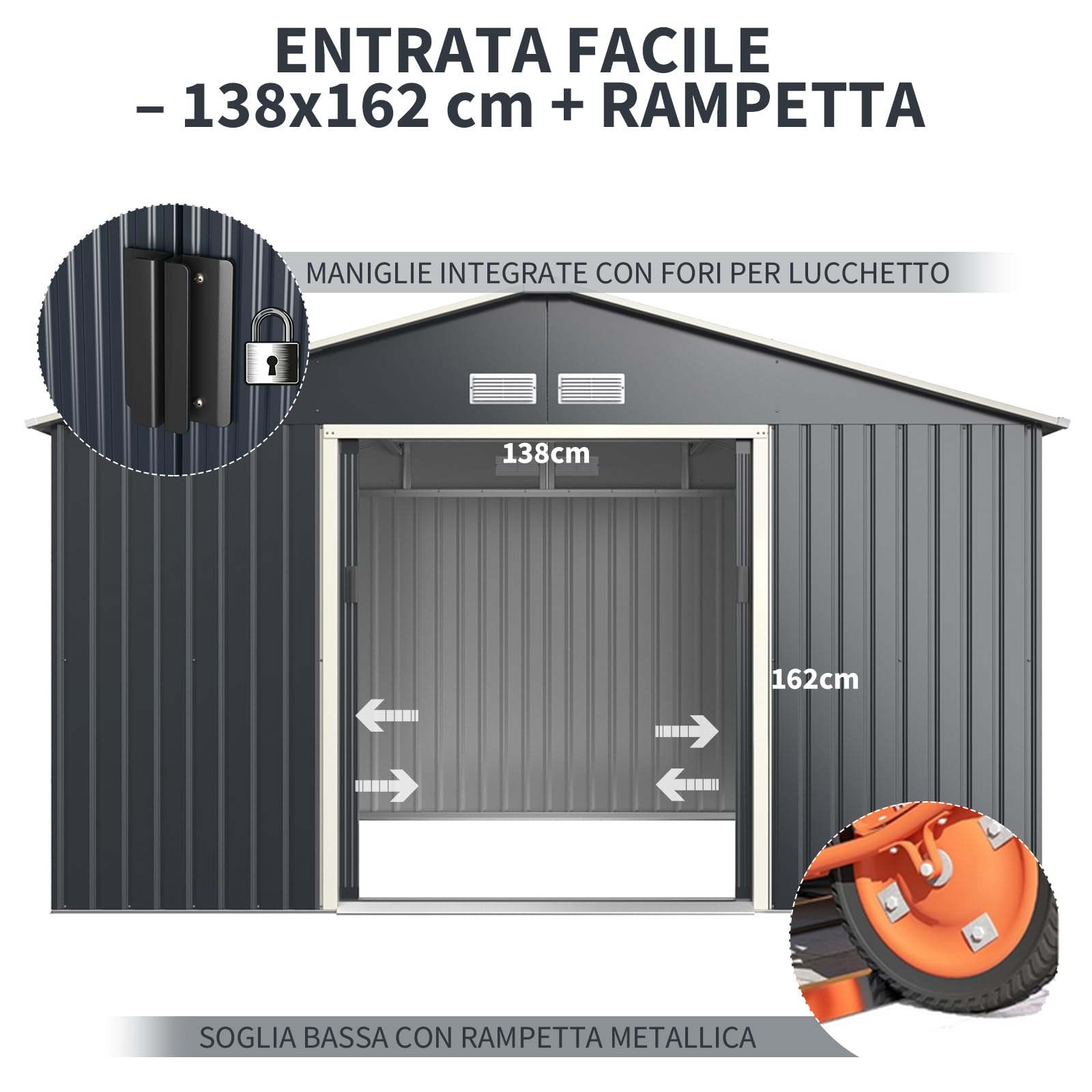 RELAX4LIFE Casetta da Giardino 340 x 319 x 210 cm (10,19 m²), Acciaio Zincato, 4 Prese d'Aria, Porta 117x162 cm, Tetto Inclinato, Porte Scorrevoli, Expandibile, Grigio
