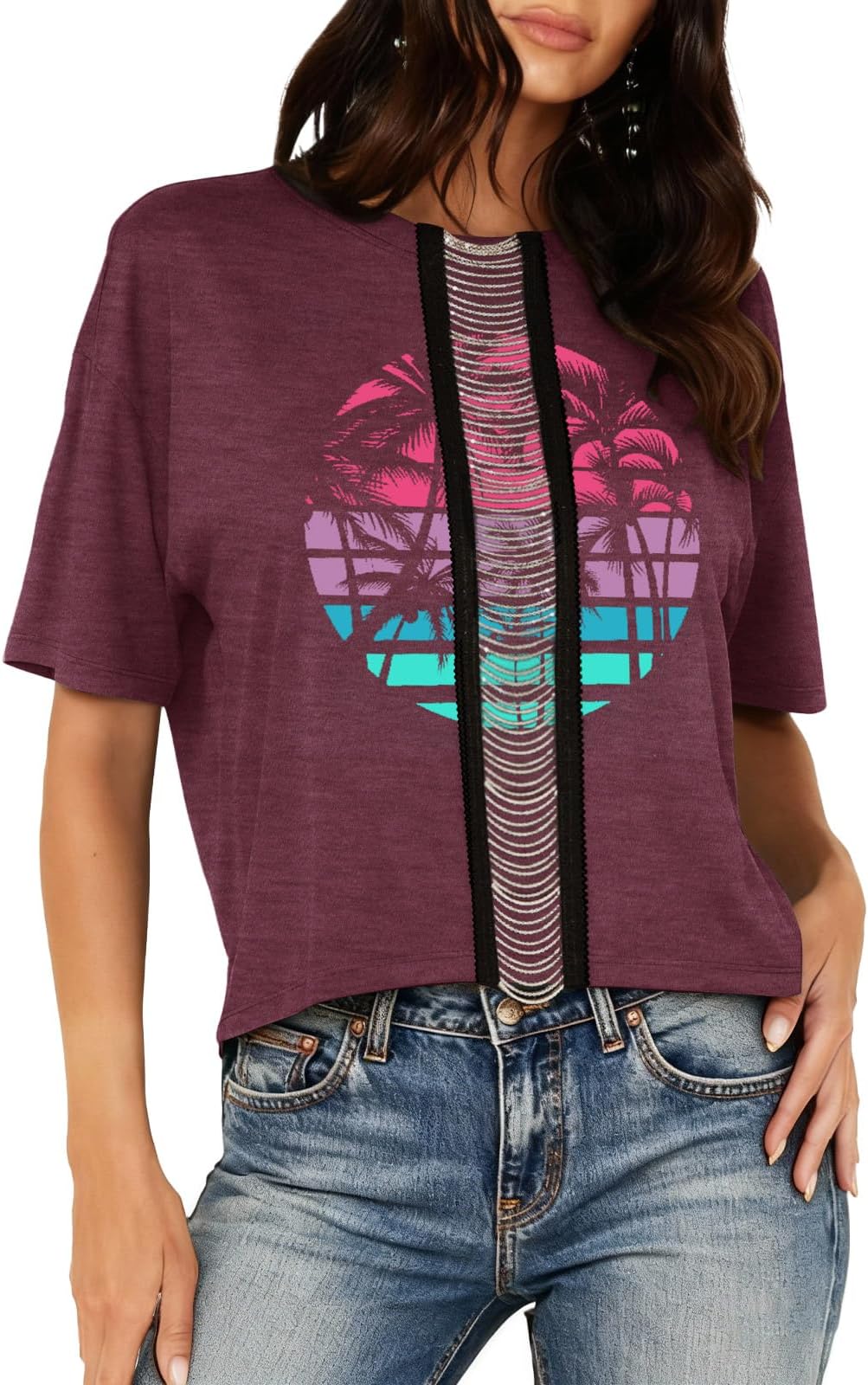 Womens Floral Graphic Chain T-Shirts Vintage Western Tees Loose Bohemian Short Sleeve Crop Tops 2026