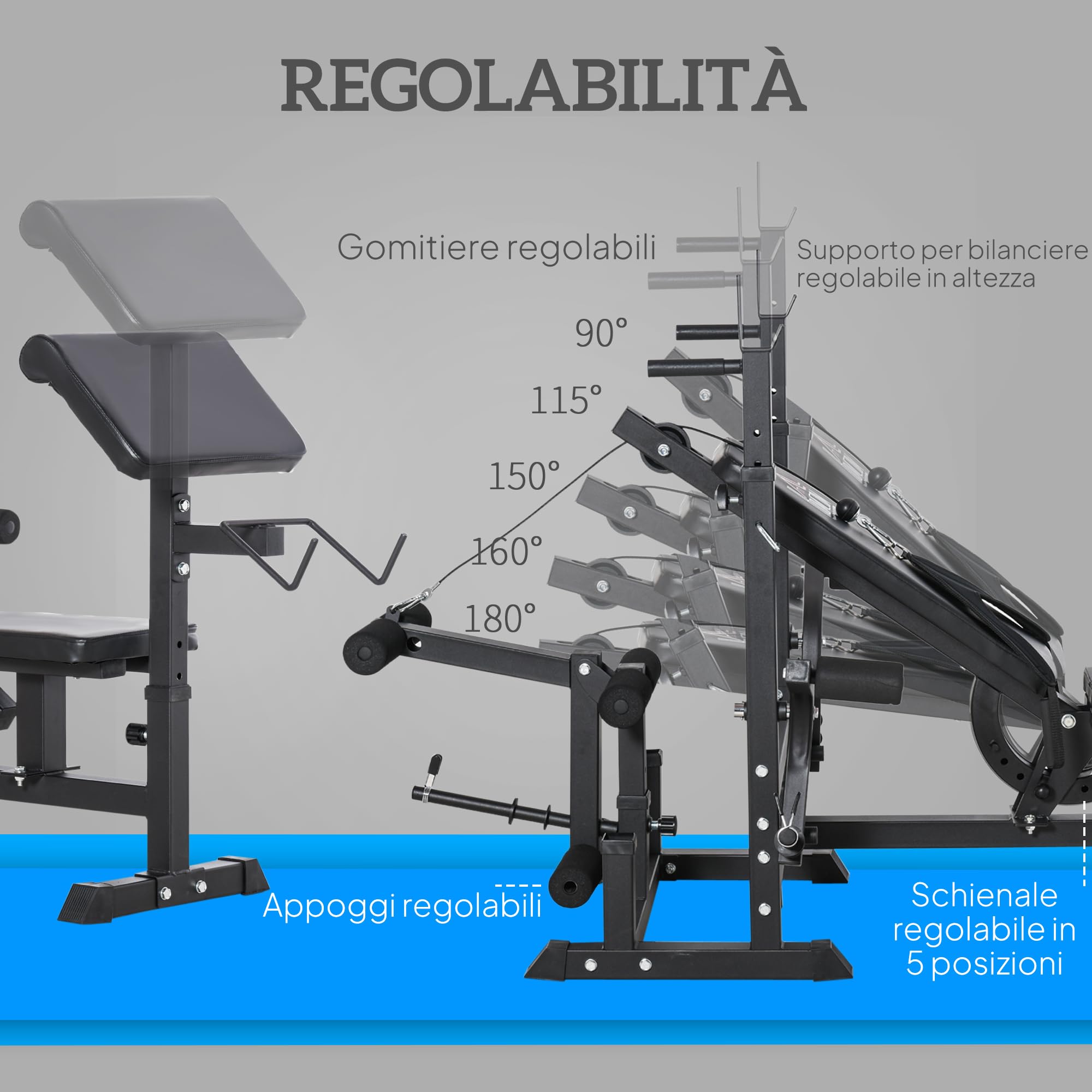 HOMCOM Panca da Palestra con Supporto per Bilanciere e Schienale Regolabile, Panca Pesi con Leg Extension e Leg Curl, Rack per Bilancieri, per Casa Palestra, Nero