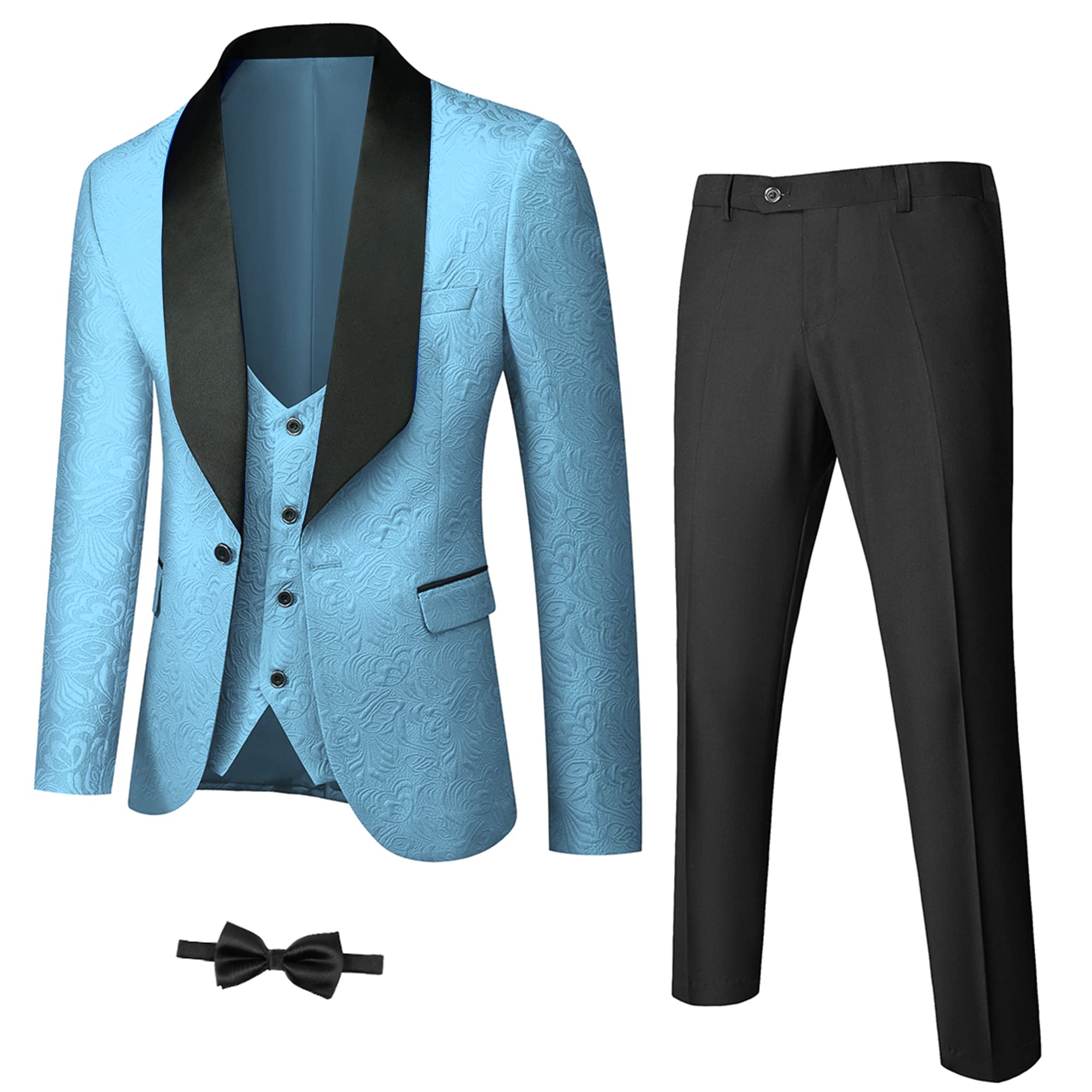 YNDMen's 3 Piece Slim Fit Tuxedo Set, Solid Shawl Collar Jacquard Jacket Vest Button Pants
