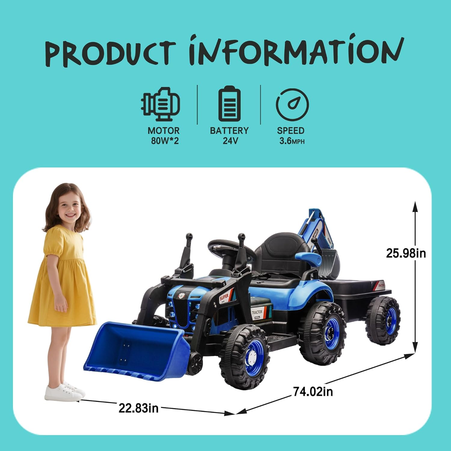 24V Ride on Excavator with 4-in-1 Construction Attachments (Excavator, Dump Truck & Bulldozer), Ride on Tractor w/Remote Control, Swivel Seat, Power Wheels Kids Electric Vehicles (Blue)