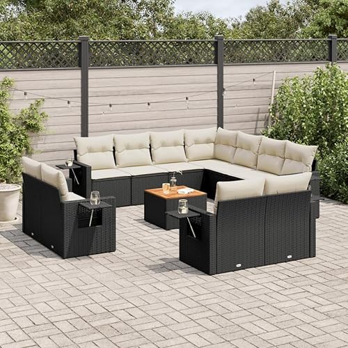 12 Piece Garden Sofa Set in Black and Cream, Modern Outdoor Furniture with Storage Compartments and Durable PE Rattan Construction, Comfortable