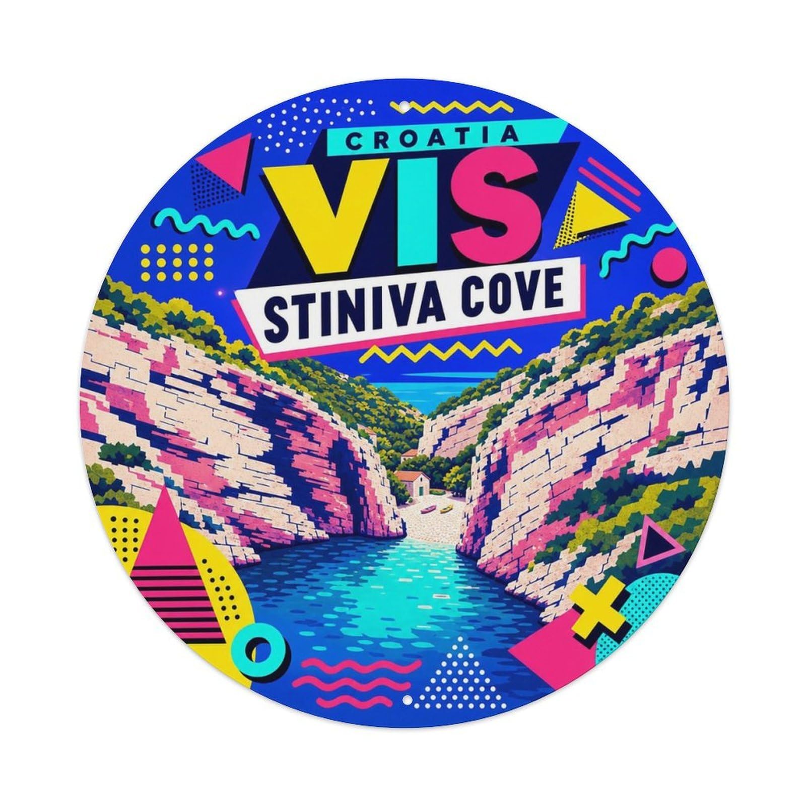 Vis Stiniva Cove Croatian Bold Geometry Coastal Travel Metal Tin Sign