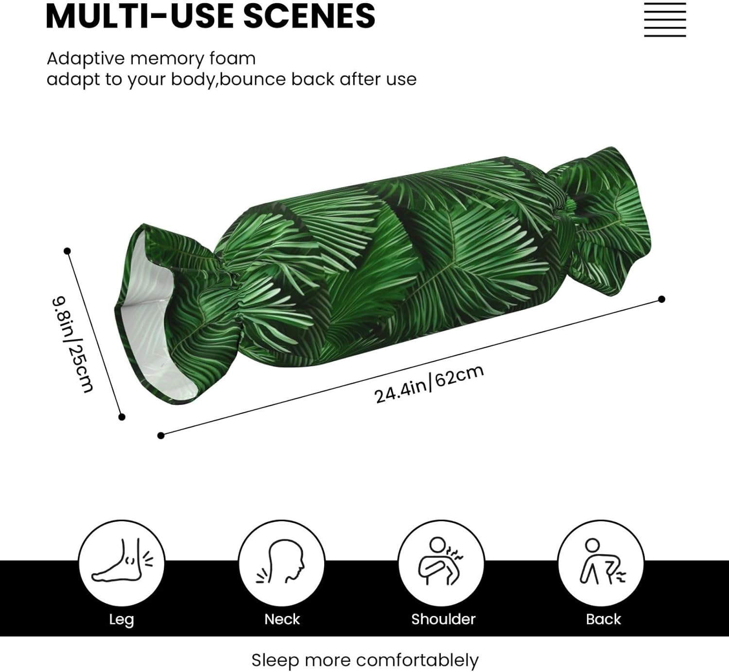 Cute Green Palm Leaves Print Candy Cylindrical Eco-Friendly Pillow Soft Velvet Living Room Bedroom Travel Decor