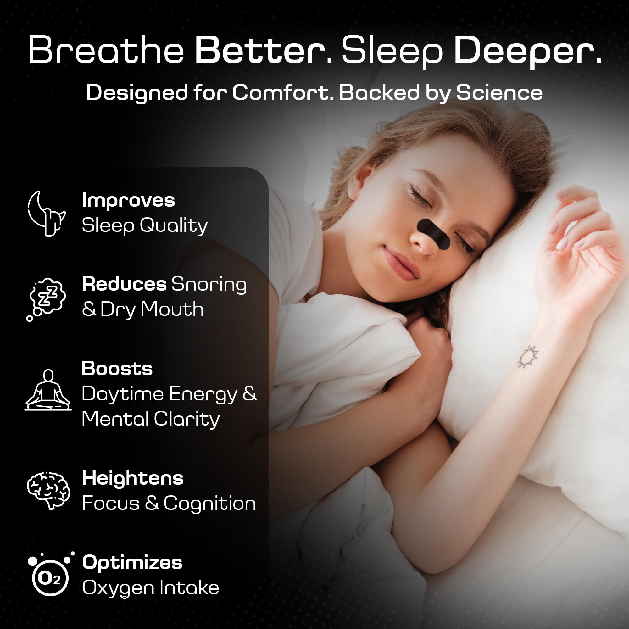 (60 unidades) Tiras nasales para ronquidos, tiras nasales para respirar, solución antironquidos y cinta nasal para aliviar la congestión nasal para dormir, color negro, ajuste universal, extra