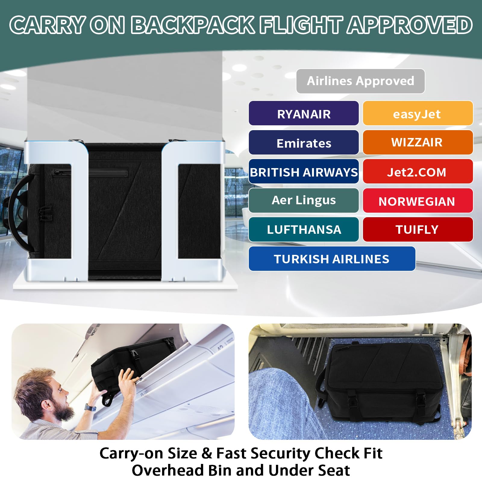 VOESLD Zaino da Viaggio per Ryanair 40x20x25, Organizer Zaino da Viaggio Aereo Bagaglio a Mano da Appendere Borse da Cabina Zaino Porta PC Nero Impermeabile, 20L