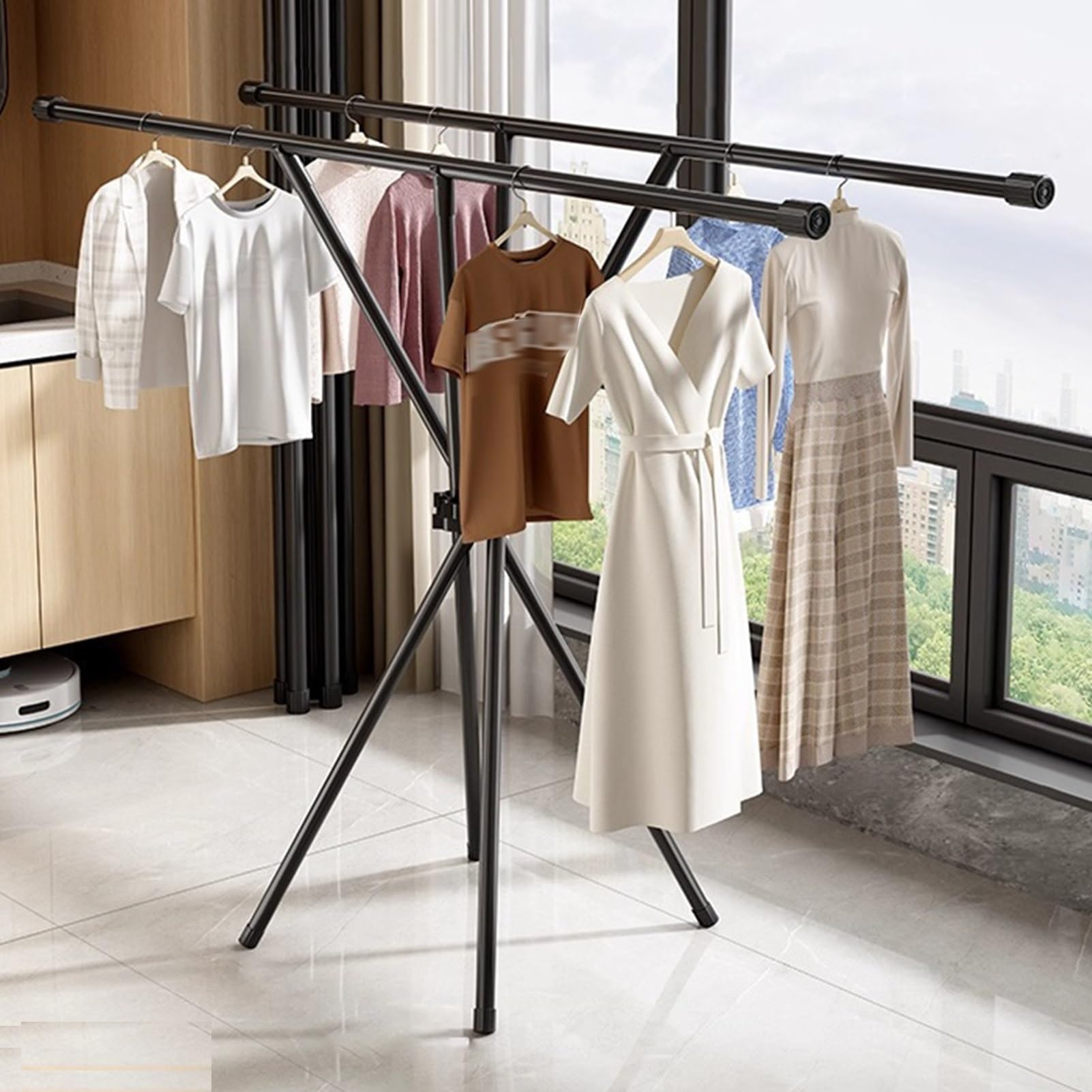 Yaohy Black Foldable Clothing Rack, Multifunctional Expandable Rack For Hanging Clothes, Space-Saving Clothes Rack For Balcony Indoor Laundry Drying(,No Crossbeams)