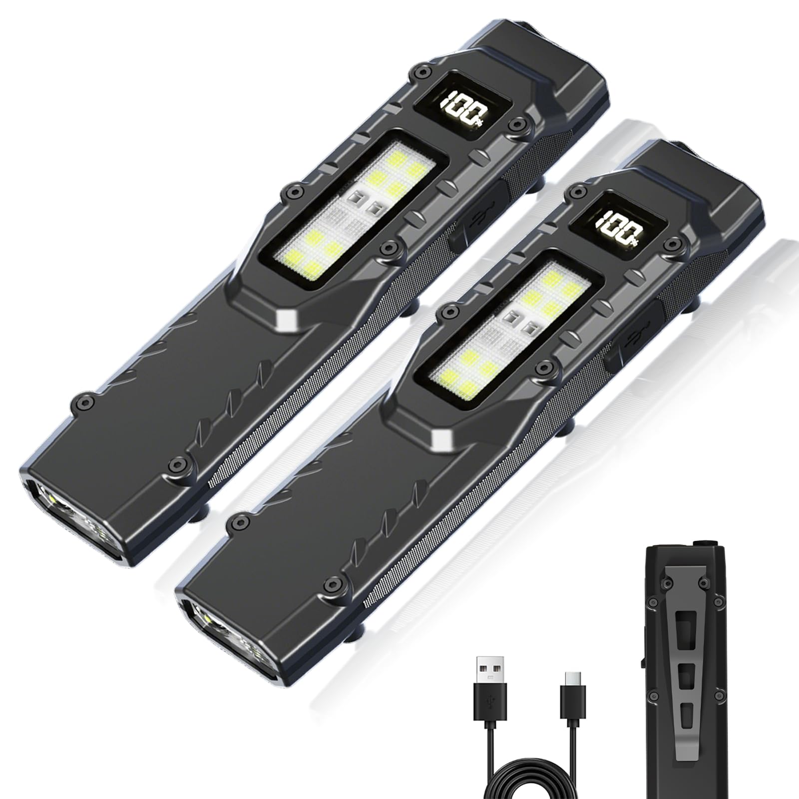 EDC torcia elettrica piatta 1500 lumen ricaricabile piccola torcia a LED con due interruttori e display digitale, in acciaio inox, 8 modalità, torcia elettrica per casa, campeggio ed emergenze 2pc