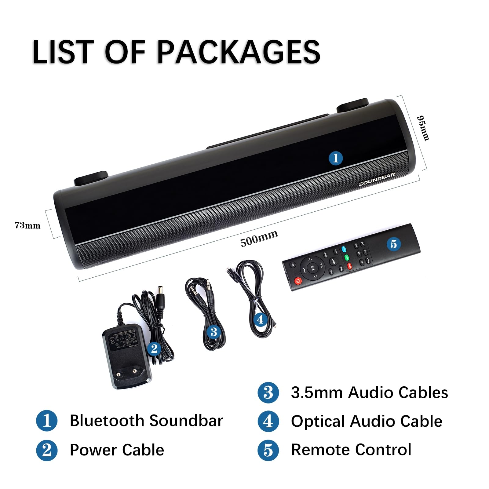 Winnes Soundbar Altoparlante Bluetooth Wireless Soundbar per Casse TV Subwoofer Surround con 3 modalità EQ 4K Home Cinema/PC/Videoproiettore/Cellulari,Bluetooth 5.0+ Ottica+ AUX+ USB+ HDMI