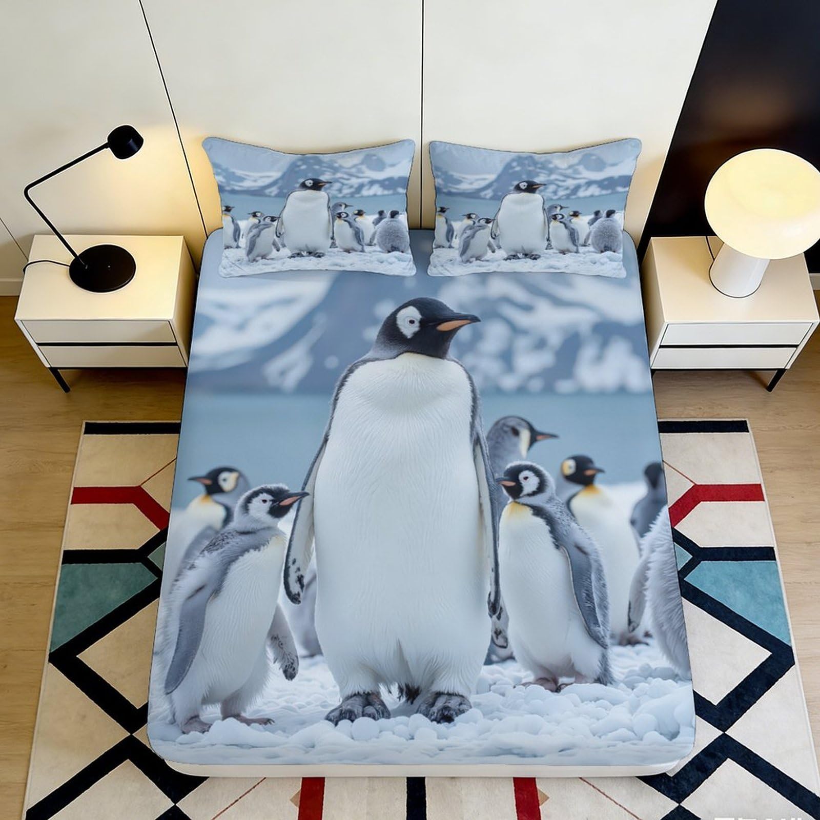 Dhbaneiok Style-7 3D Printed Emperor Penguin Fitted Sheet Microfiber Soft Blue Icy Landscape Mattress Cover For Bedroom Dorm Decor 90X200x25cm