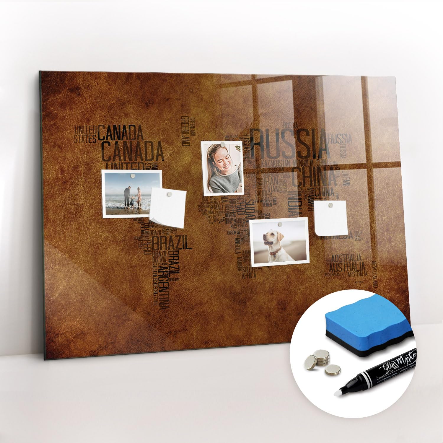 Stilvolle Glas-Magnettafel für Zuhause & Büro | Inkl. Neodym-Magnete, Marker & Schwamm | Whiteboard mit eleganter Glasoberfläche | Ideal für Familienplaner- 100x70 - Länderkarte