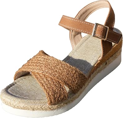 Obosoyo Women Wedges Sandals Espadrille Platform Heels Comfortable Summer Open Toe Ankle Buckle Rope Woven Heel Beach Footwear
