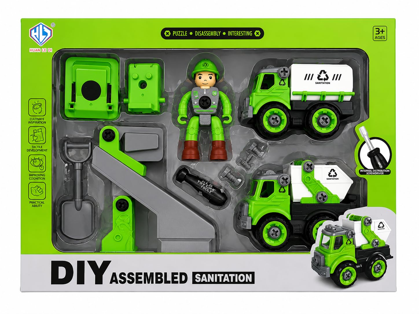 DIY Assembled Sanitation Truck Toy Set for Kids 3+ | Take Apart Garbage Truck with Screwdriver, Worker Figure & Tools | Educational Construction Vehicle Puzzle Assembly Toy for Boys & Girls-image-1