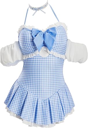 haikyuu Women Retro Swimsuit Blue Checkered Tummy Control One Piece Swimsuit Cute Swimwear