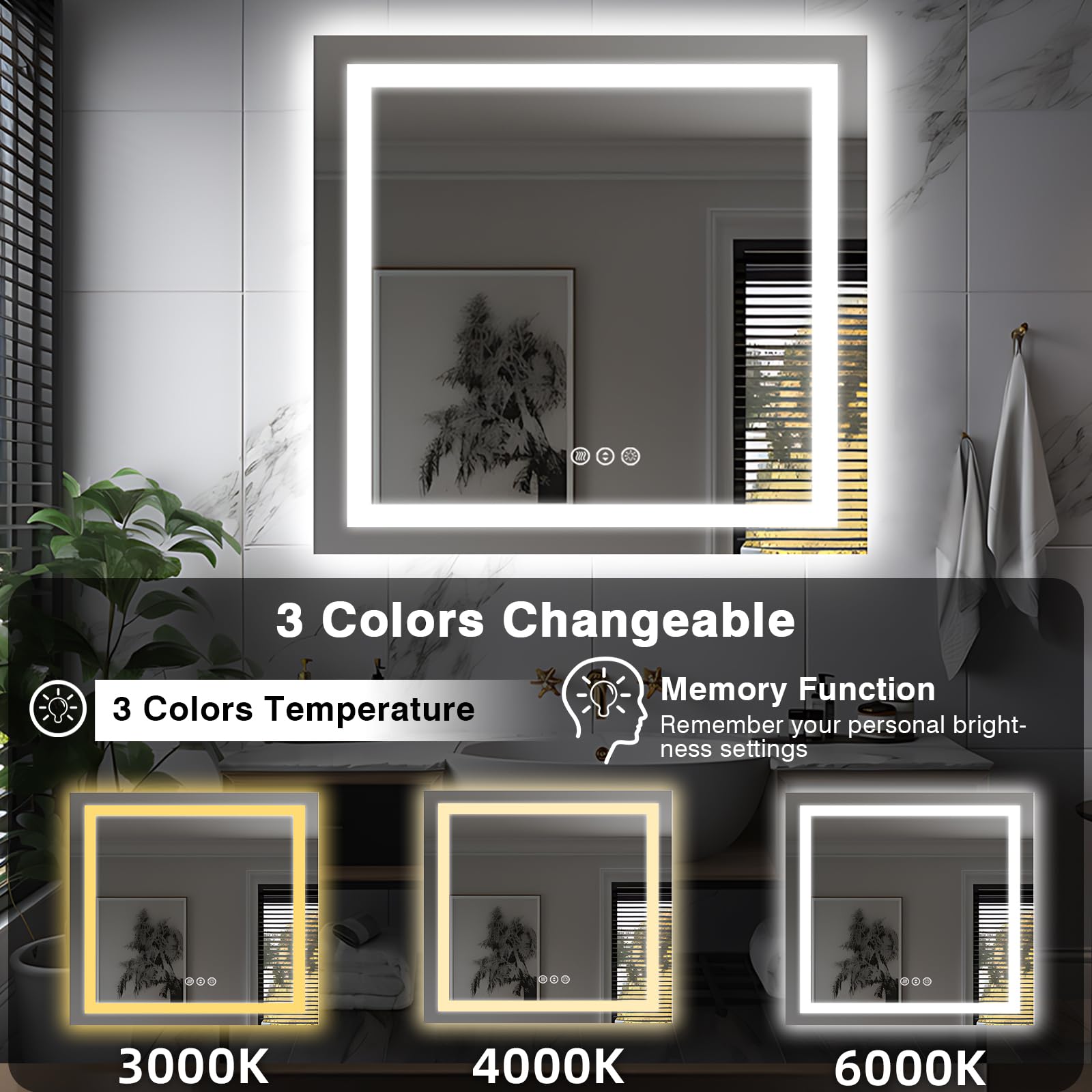 EchosLife 91,4 x 91,4 cm quadratischer LED-Badezimmerspiegel (vorne und hinterleuchtet), beschlagfreier Kosmetikspiegel mit Lichtern, stufenlos, 3 Farben, dimmbar, intelligenter beleuchteter Spiegel