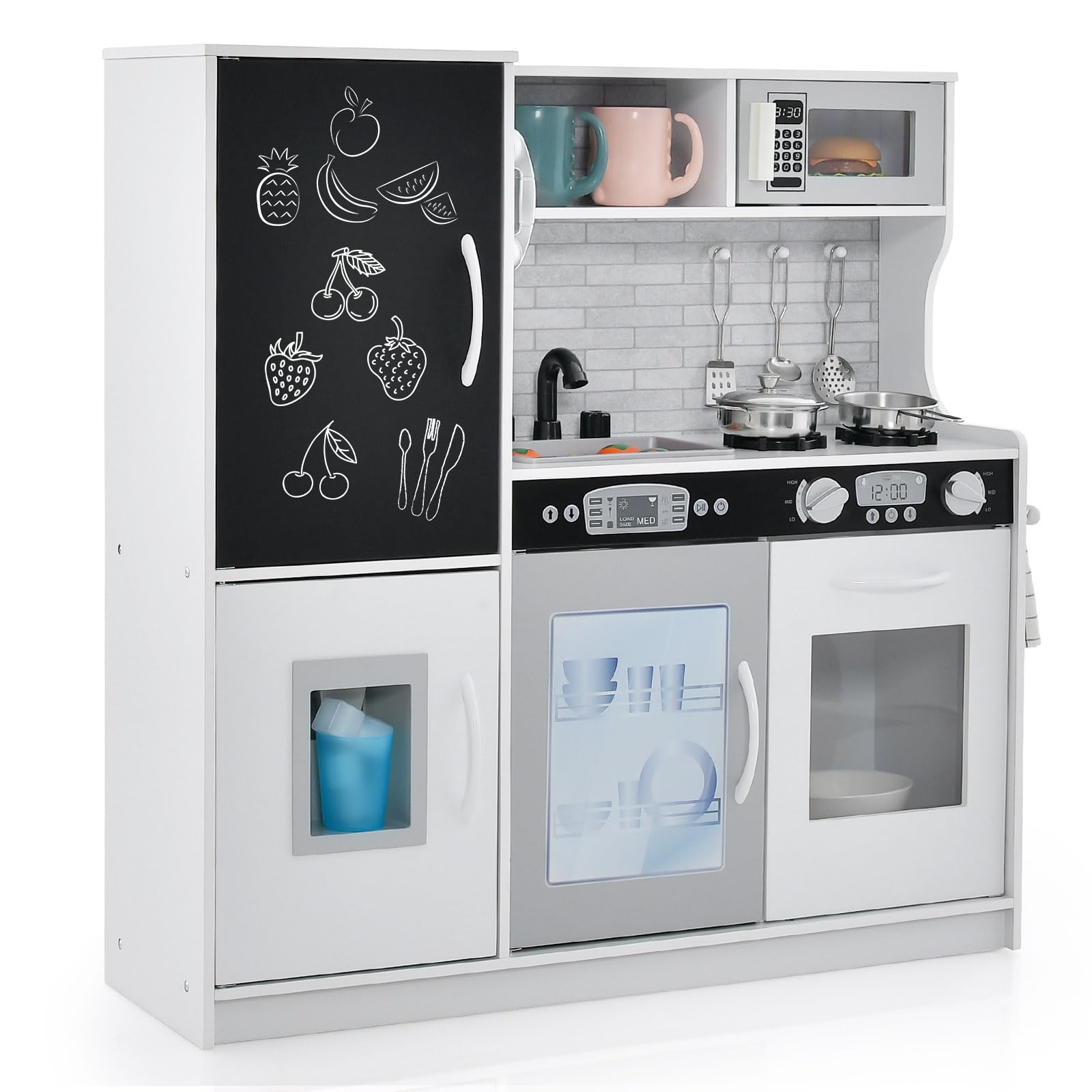 COSTWAY Kids Wooden Kitchen, Pretend Play Kitchen with Chalkboard, Sink, Microwave, Ice Maker, Utensils, Children Cooking Role Playset for 3-6 Years Old Boys Girls (White) — image 1