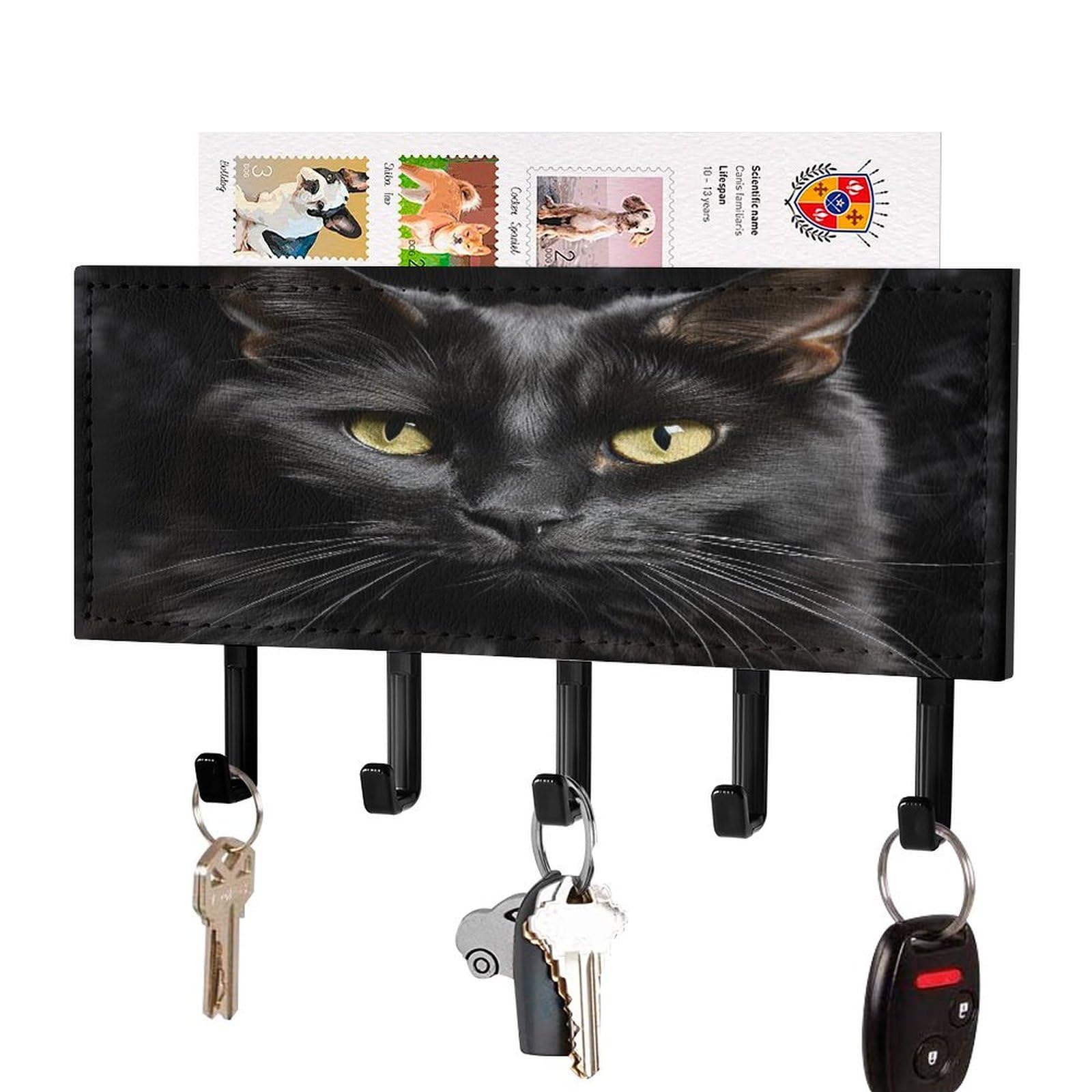 Colgador de llaves de piel para el recibidor con bandeja para cartas y silueta de gato negro