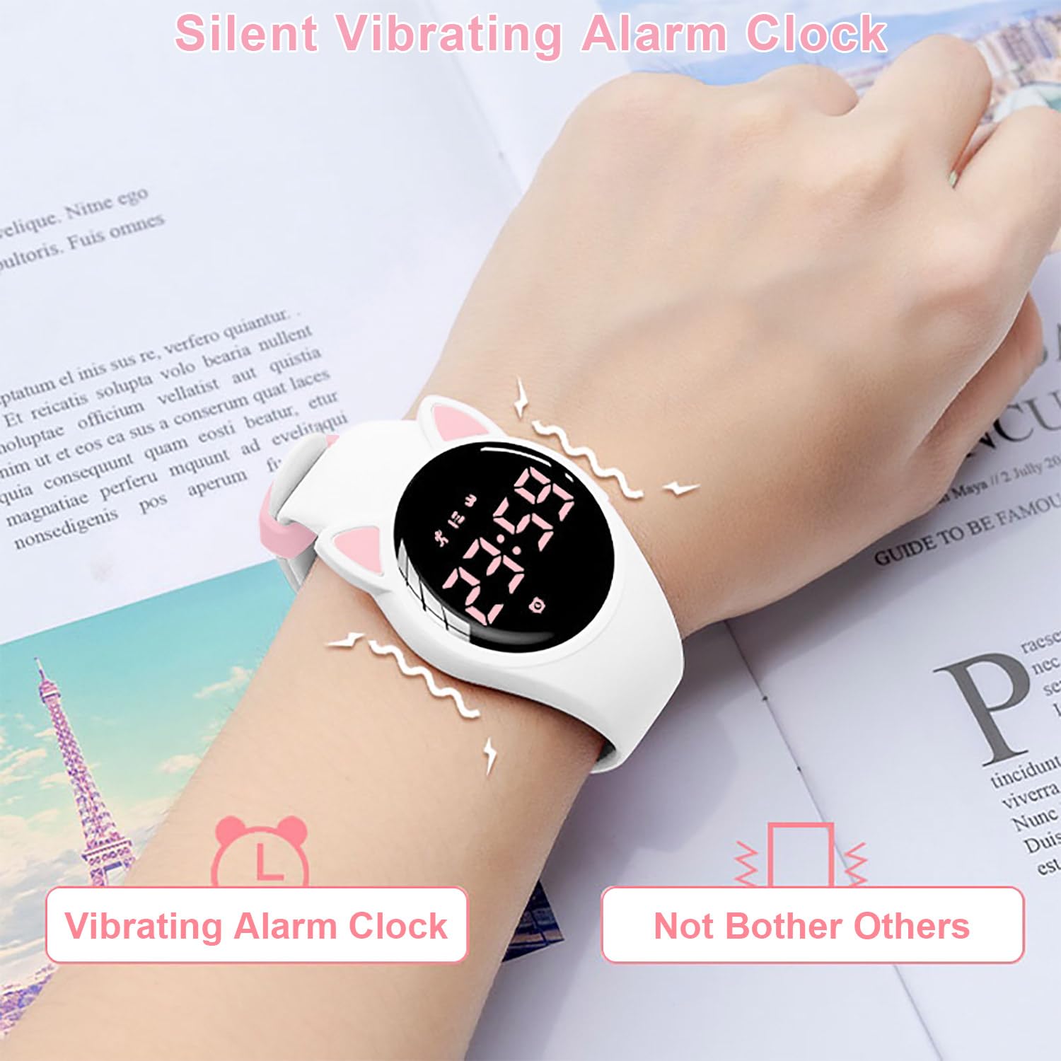 Reloj rastreador de fitness para niños, no necesita aplicación, 1 hora de carga para uso de 20 días, reloj impermeable IP68 para niñas y estudiantes, reloj deportivo con cronómetro, podómetro (blanco y rosa) 5