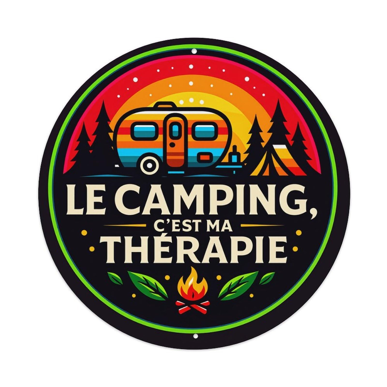 Camping Van Trees Tent Fire Round Tin Sign Vintage Style Metal Sign Home Bar Garden Wall Plaque Decor Metal Poster 8x8 Inch