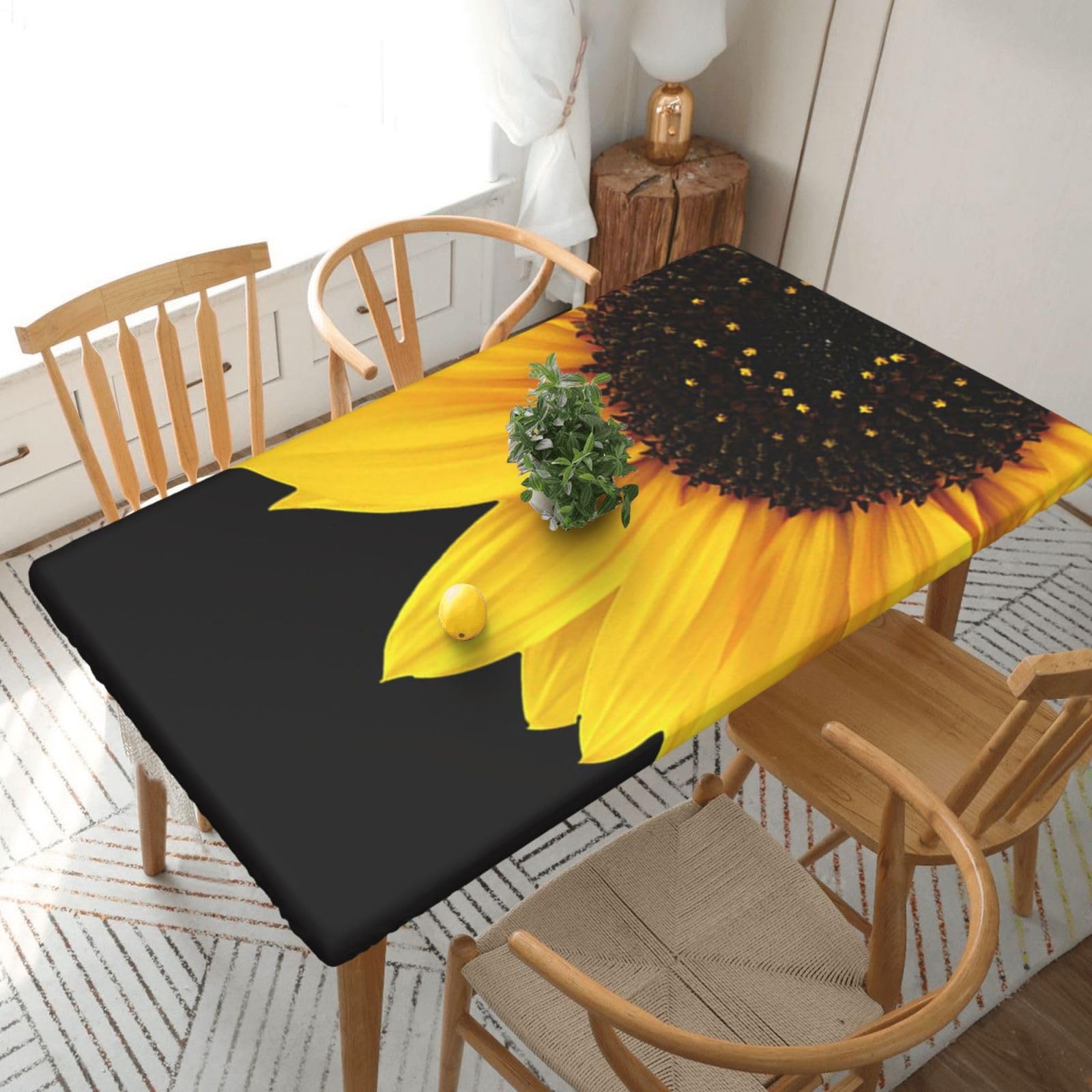 DCEHGEW Elastic Fitted Rectangle Tablecloth for 5ft Tables, Wild Flower Sunflower Printed Oilproof & Washable Fabric Picnic Table Cloth Table Covers